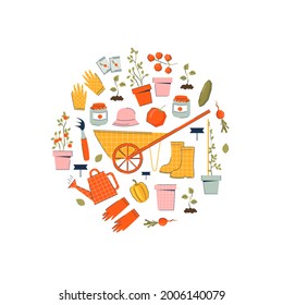 Garden instrument and items with cart, tools, vegetables in trending style. Harvest time. Vector illustration