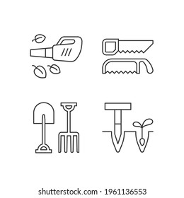 Garden instruments linear icons set. Leaf blower. Saws. Fork, spade. Cleaning up leaves. Loosening soil. Customizable thin line contour symbols. Isolated vector outline illustrations. Editable stroke