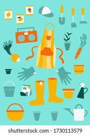 Garden instruments set: gloves, veggies, plant. Hand drawn icons clip art doodles. Stock vector illustration isolated on backgound. Sketch elements set for graphic and web design.