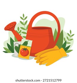 Composição vetorial de inventário de jardim com lata de regar e grãos de semente perfeito para plantar horticultura de jardinagem e natureza temática decorativos ou projetos educacionais