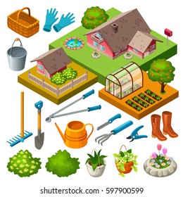 Garden  isometric elements. House with seedlings, tools and flowers. Vector illustration.