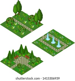 Garden isometric set to create garden landscape scene for game asset or cartoon background. Fountain, flowers, bushes and trees, paved walks. Isolated isometric tiles.  Vector illustration