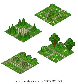 Garden isometric tile set. Asset for design garden landscape scenes with trees, bushes, flowers, grass and walks. Use as cartoon or game isometric asset. Vector illustration, isolated tiles