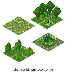 Garden isometric tile set. Asset for design garden landscape scenes with trees, bushes, flowers, grass and walks. Use as cartoon or game isometric asset. Vector illustration, isolated tiles