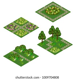 Garden isometric tile set. Asset for design garden landscape scenes with trees, bushes, flowers, grass and walks. Use as cartoon or game isometric asset. Vector illustration, isolated tiles