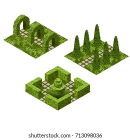 Garden isometric tile set. Asset with various bushes and grass to create topiary garden scenes. Vector illustration, can be used in games, landscapes etc.