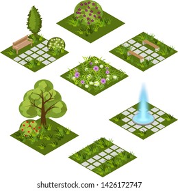 Garden isometric tile set. Isolated isometric tiles to design garden landscape scene. Cartoon or game asset with grass, trees,  flowers, paved walks, garden fountain. Vector illustration