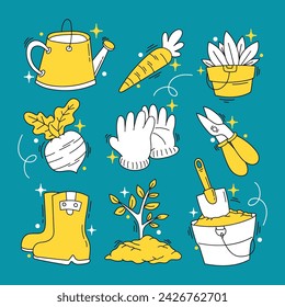 Garden item set illustration tools and elements doodle