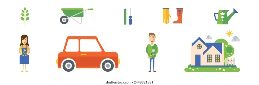 Garden Item and Tool Flat Icon Vector Set