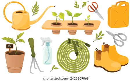 Artículos de jardín. Herramientas agrícolas. Equipos de cultivo o plantación con plantas, semillas, latas de riego, cubos, plántulas, macetas, botas de caucho y guantes. Ilustración vectorial de dibujos animados planos.