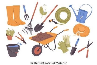Garden items cultivation tools and equipment isolated set for agriculture, planting and farming