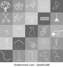 Garden items, fine lines and gray squares. Web icons.