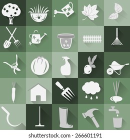 Garden, items, in green, squares. Web, icons.