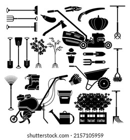 Garden items. Household agriculture equipment collection. Sprinkler and rake. Flowerpot with seedlings and grass. Hoe and wheelbarrow. Lawn mower. Vector gardening tools silhouette set