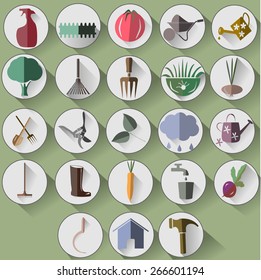 Garden items in white circles, flat, shadow. Web icons.