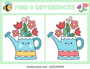 Garden kawaii find differences game for children. Attention skills activity with cute watering can and flowers. Spring holiday puzzle for kids. Printable what is different worksheet
