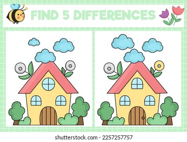 Garden kawaii find differences game for children. Attention skills activity with cute country house. Spring holiday puzzle for kids with funny cartoon cottage. Printable what is different worksheet
