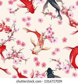 Patrón koi de jardín. Jardín de porcelana oriental con sakura de primavera, koi asiático pesca vectorial fondo de arte, textura japonesa sin fisuras