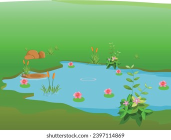 Garden and lake with flowers isolated vector illustration