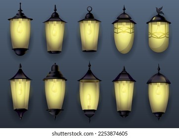 Garden lamps. Classic street lamp. Outdoor lighting of city. Vintage urban design. Design of parks and squares. Outdoor wall garden light lamps collection in different styles