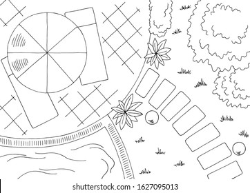 Garden landscape architect design backyard graphic black white sketch aerial view illustration vector