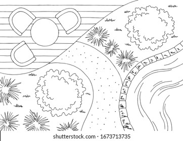 Diseño paisajístico jardín diseño retropatio gráfico blanco negro dibujo aérea ilustración vectorial