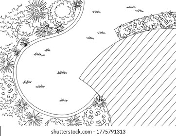 Gartenlandschaftsarchitekt Design Garten Plan Grafik Schwarz-Weiß-Skizze Luftbild Vektorgrafik