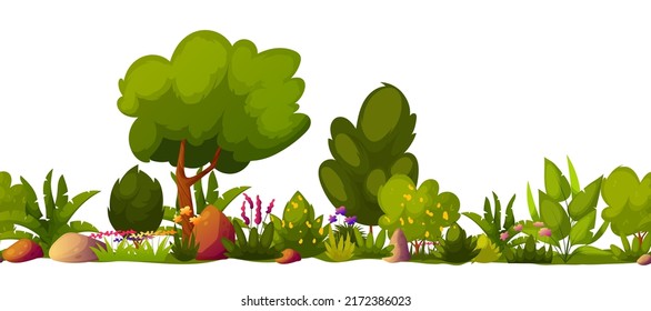 Garden landscape architecture with a flowering flower bed, green trees, bushes, grass, stones. Natural flowerbed in blossom, backyard with decorative bushes. Vector illustration