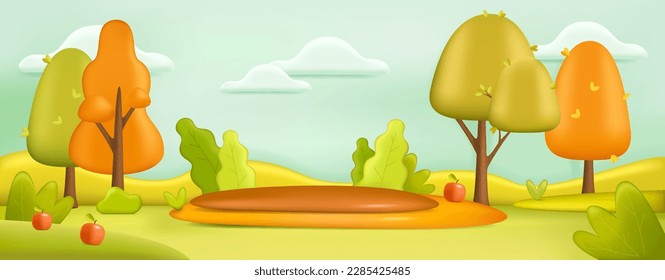 Ilustración 3d del fondo del paisaje del jardín. La pradera del bosque otoñal con árboles y frutas al estilo de las caricaturas. Naturaleza, temporada, concepto de otoño