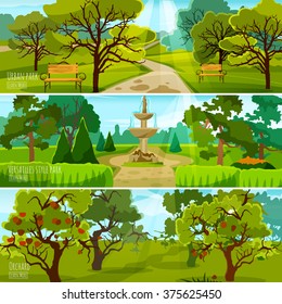 Garden landscape banners set of city park for relaxation orchard and park in versatile style flat compositions vector illustration  