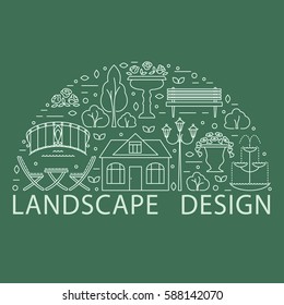 Garden landscape design concept with line style icons including fountain, street lamp, bench, garden bridge, trees and flower vases. Graphic outline illustration for poster, banner or web design.