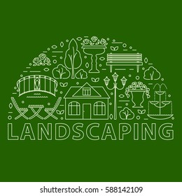 Garden landscape design concept with line style icons including fountain, street lamp, bench, garden bridge and flower vases. Graphic outline illustration for poster, flyer, banner or web design.