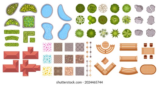 Garden Landscape Design Elements Aerial Top View. Bush Fence, Flowers, Ponds, Houses And Sidewalk Icons. Park Plan Map From Above Vector Set. Illustration Of Architectural Park, Plan Gardening