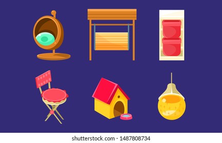 Garden Landscape Design Elements Set, Doghouse, Chair, Lantern, Armchair, Swing Vector Illustration