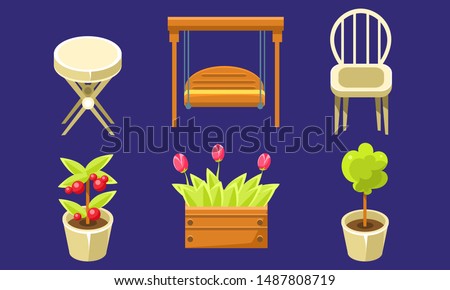 Garden Landscape Design Elements Set, Tulips in Wooden Box, Plants in Flower Pots, Chair, Swing Vector Illustration