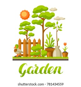 Garden landscape illustration with plants. Season gardening concept.