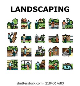 garden landscape lawn landscaping icons set vector. grass backyard, worker, green outdoor yard, tree path plant, spring park flower garden landscape lawn landscaping color line illustrations