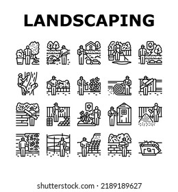 garden landscape lawn landscaping icons set vector. grass backyard, worker, green outdoor yard, tree path plant, spring park flower garden landscape lawn landscaping black contour illustrations