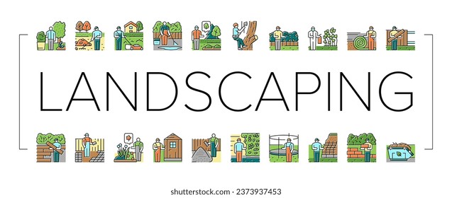 garden landscape lawn landscaping icons set vector. grass backyard, worker, green outdoor yard, tree path plant, spring park flower garden landscape lawn landscaping color line illustrations