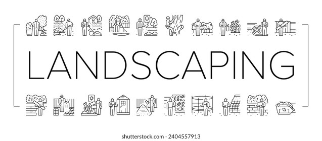 garden landscape lawn landscaping icons set vector. grass backyard, worker, green outdoor yard, tree path plant, spring park flower garden landscape lawn landscaping black contour illustrations