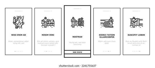 garden landscape lawn landscaping onboarding mobile vector. grass backyard, worker, green outdoor yard, tree path plant, spring park flower garden landscape lawn landscaping color line illustrations