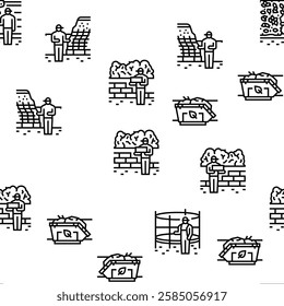 garden landscape lawn landscaping Vector Seamless Pattern Thin Line Illustration