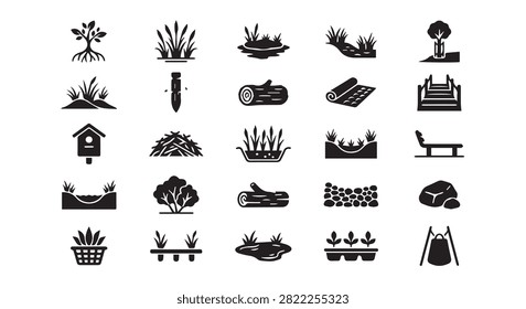 Garden landscape and nature environment solid icons with landscape, environment