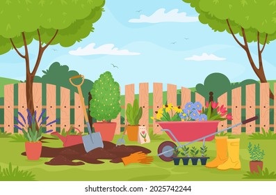 Garden landscape with plants, trees, fence and gardening tools. Wheelbarrow with flowers, plant seeds, shovel. Spring garden vector illustration. Equipment and plants for horticulture