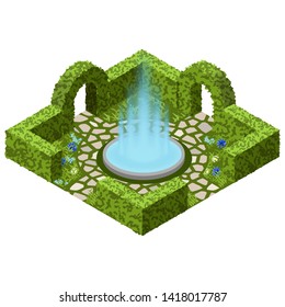 Garden landscape scene with topiary bushes, flowers and garden fountain. Isometric view, vector illustration. Can be used for creating garden scenes in game asset, cartoons, app etc. 