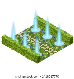 Garden landscape scene with topiary bushes, flowers and garden fountain. Isometric view, vector illustration. Can be used for creating garden scenes in game asset, cartoons, app etc. 