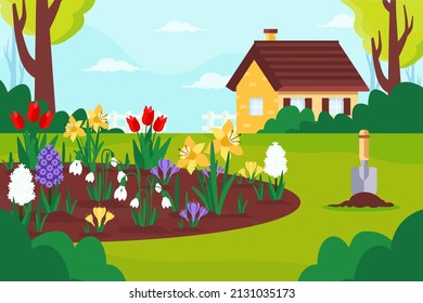 Garden landscape with spring flowers. Vector illustration flat design style. 