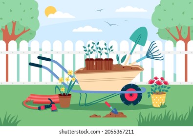 Garden landscape with tools. Gardening elements composition, outdoor works, horticultural inventory, wheelbarrow with earth and flower, farm life hobby, vector cartoon flat isolated concept