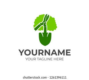 Garden and landscape, tools, tree, gardening scissors and shovel, logo design. Farming, agriculture and nature, vector design and illustration