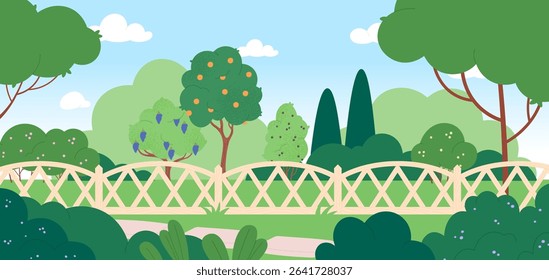 Garden landscape with wooden fence. Green backyard with fruit trees, bushes and plants. Meadow, farm zone, harvest time. Cartoon park vector background